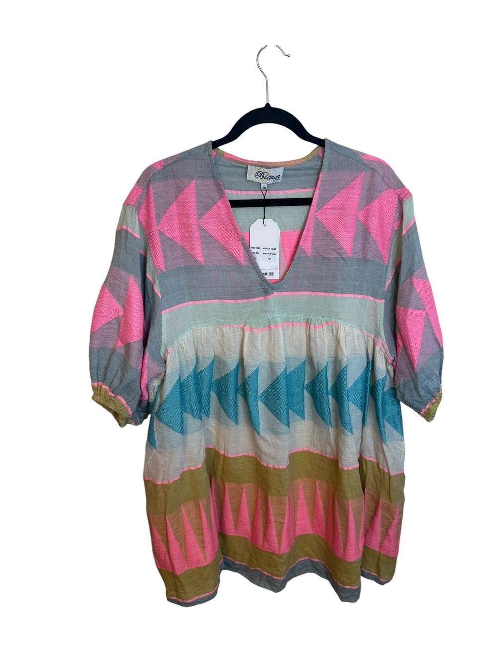 NWT Bianca Paris Neon Pink Short Sleeve Ikat Mini Dress